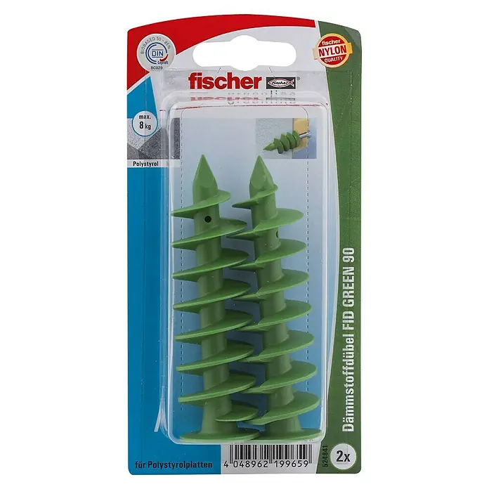 Fischer Greenline Dämmstoffdübel FID 90 GREEN - Ø x L: 25 x 90 mm, Nylon, Gesamtstückzahl: 2 Stk. - Verpackung der Fischer Dämmstoffdübel FID GREEN 90, ideal für Polystyrolplatten. Im Lieferumfang enthalten sind zwei Dübel.