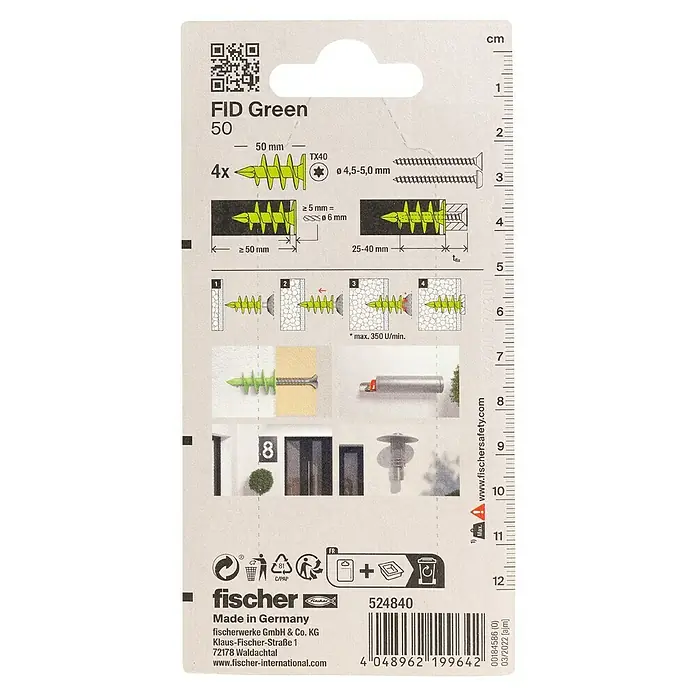 Fischer Greenline Dämmstoffdübel FID 50 GREEN - Ø x L: 25 x 50 mm, Nylon, 4 Stk. - Verpackung der grünen FISCHER FID 50 Dübel, mit Größenangaben und Montageanleitung.