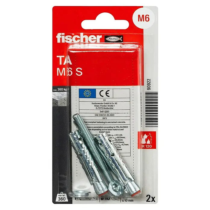 Fischer Einschlaganker TA M-S - Gewinde: M 6, 2 Stk., Galvanisch verzinkt - Eine Packung Fischer TA M6 S Ankerbolzen, geeignet für Befestigungen in ungerissenem Beton, mit einer maximalen Traglast von 360 kg.