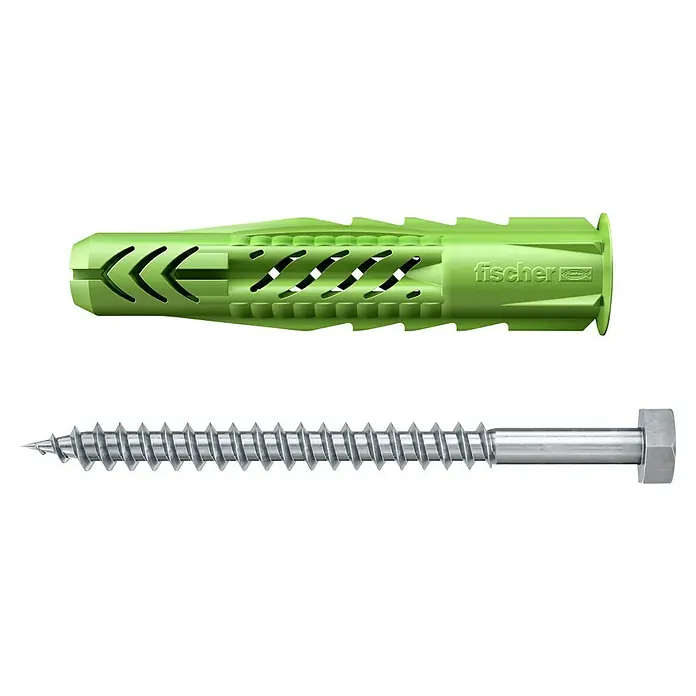 Fischer Greenline Universaldübel UX Green R S - Ø x L: 10 x 60 mm, 4 Stk., Nylon - Nahaufnahme eines Fischer-Dübels und einer Schraube, die für sichere Befestigungen in verschiedenen Materialien sorgen.