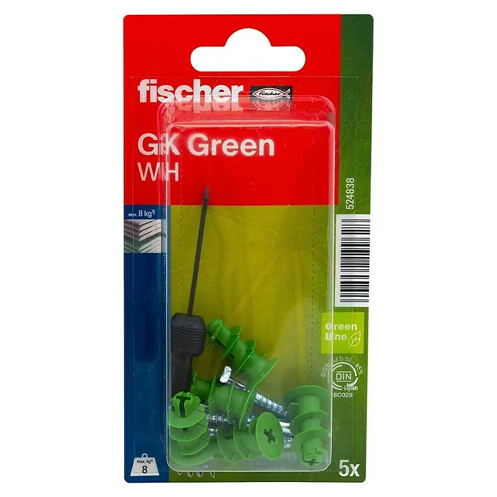 Fischer Greenline Gipskartondübel-Set WH GREEN - Länge Dübel: 22 mm, 5 Stk., Winkelhaken - Eine Packung Fischer GK Green WH Dübel, bestehend aus grünen Dübeln und Schrauben, verpackt in rotem und grünem Karton.