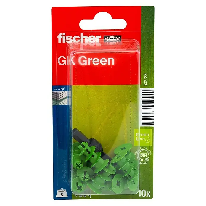 Fischer Greenline Gipskartondübel GK - Länge Dübel: 22 mm, Belastbarkeit: 8 kg, 10 Stk., Nylon - Packung Fischer GK Green Dübel, geeignet für Gipskartonplatten, mit einer maximalen Tragkraft von 8 kg, enthält 10 Stück.