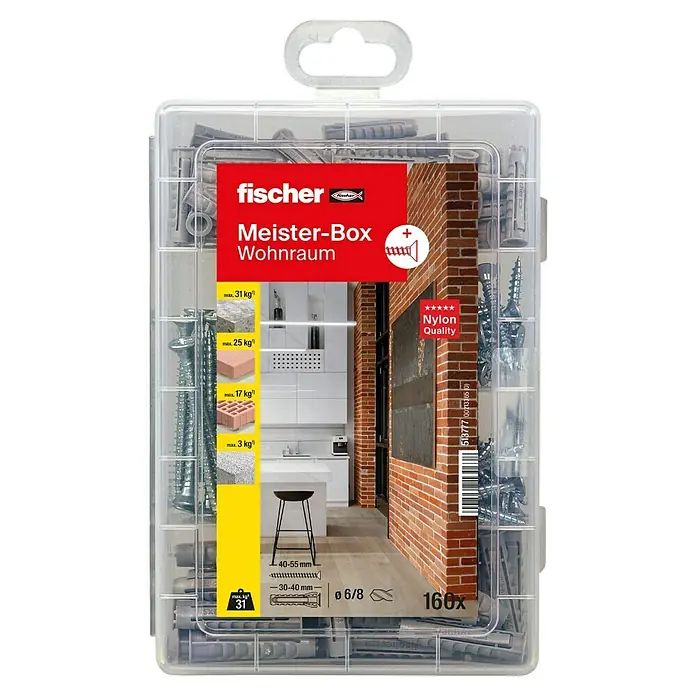 Fischer Meister-Box Spreizdübel-Set SX - Nylon, Mit Schrauben/Haken, 160 -tlg. - Eine transparente Box mit Fischer Meister-Box Wohnraum Dübeln und Schrauben, ideal für Befestigungen im Innenbereich.