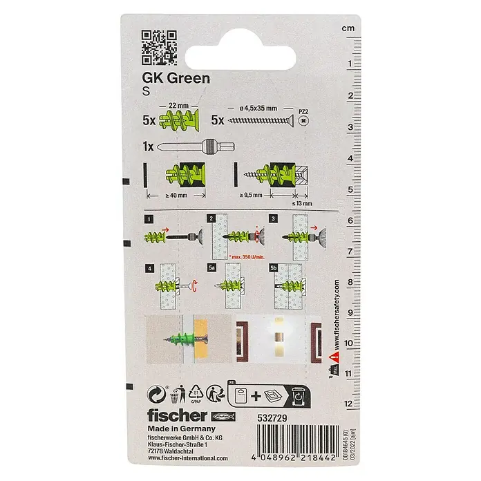 Fischer Greenline Gipskartondübel GK S - Länge Dübel: 22 mm, Belastbarkeit: 8 kg, 5 Stk., Nylon - Bild der fischer GK Green S Dübelverpackung mit Anweisungen und Größenangaben.