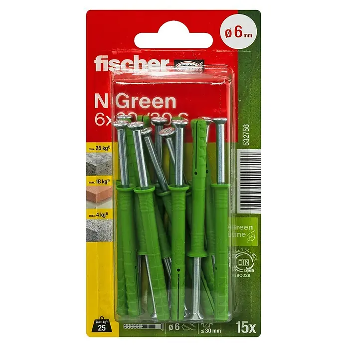 Fischer Greenline Nageldübel N S - Ø x L: 6 x 60 mm, 15 Stk., Senkkopf - Abbildung einer Packung Fischer N Green Dübel 6x30 mm, bestehend aus grünen Nylondübeln und passenden Schrauben, geeignet für verschiedene Materialien.