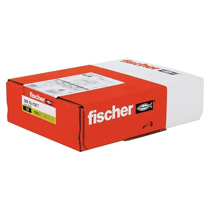 Fischer Langschaftdübel SXR - Ø x L: 10 x 120 mm, Stahl, 1 Stk. - Verpackung von Fischer SXR 10x120 T Dübeln, rote Schachtel mit Aufdruck des Markennamens und Produktinformationen, ideal für Befestigungen.