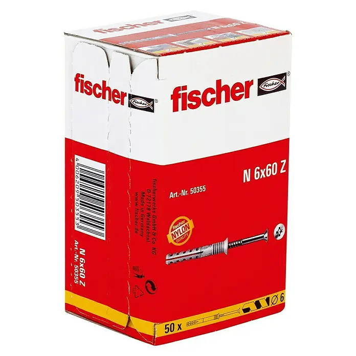 Fischer Nageldübel - Durchmesser Dübel: 6 mm, Länge Dübel: 60 mm, 50 Stk. - Abbildung einer Packung fischer N 6x60 Z Dübel, ideal für sichere Befestigungen im Bau- und Heimwerkerbereich.
