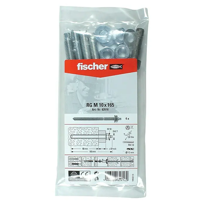 Fischer Gewindestangen RGM - M 10, Länge: 16,5 cm, 4 Stk. - Eine Packung Fischer RG M 10x165 Ankerbolzen, inklusive Bolzen, Muttern und Unterlegscheiben, für sichere Befestigungen in Beton.