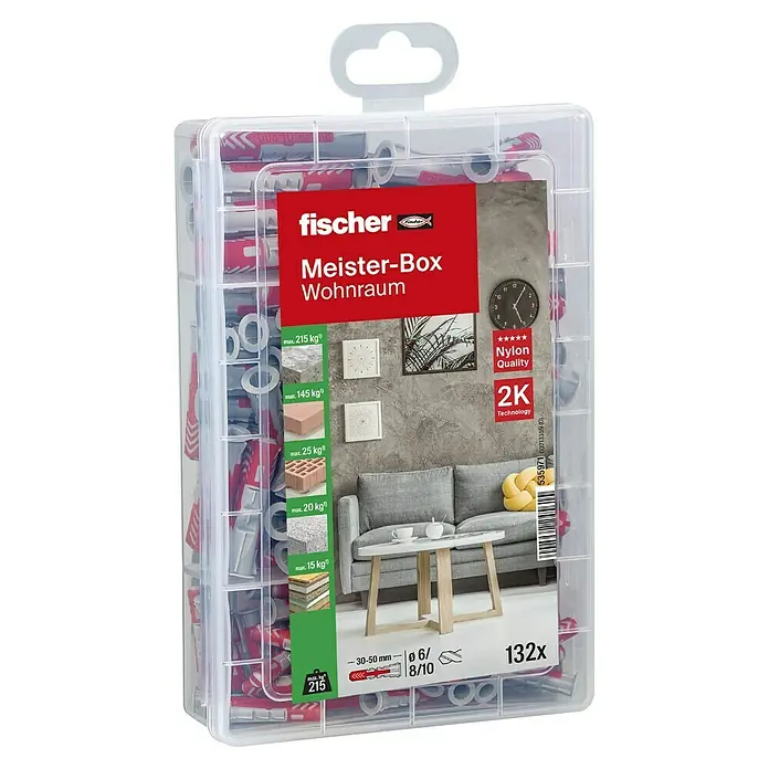 Fischer Duopower Dübel-Set Meisterbox - 132 -tlg. - Eine transparente Fischer Meister-Box Wohnraum mit 132 Dübeln, ideal für Befestigungen im Innenbereich, mit Belastungen bis zu 215 kg.