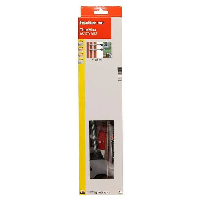 Fischer Thermax Abstandsmontagesystem 16/170 M12 - Durchmesser Bohrloch: 18 mm - 20 mm, Nutzlänge: 60 - 170 mm, 2 Stk. - Bild einer Fischer TherMax 16/170 M12 Dübelverpackung, ideal für sichere Befestigungen im Aussenbereich.