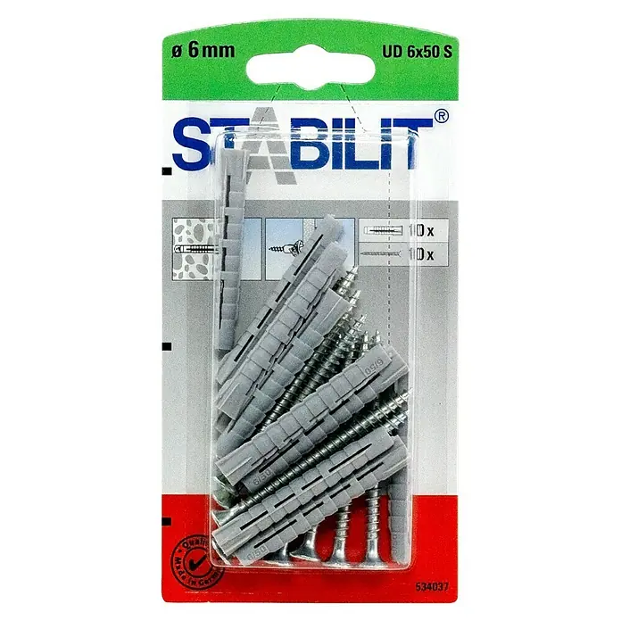 Stabilit Universal-Durchsteckdübel-Set - Durchmesser Dübel: 6 mm, Länge Dübel: 50 mm, 10 Stk., Mit Schrauben - Bild einer Packung Stabilits-Dübel UD 6x50 S, inklusive 10 Schrauben und Dübeln mit einem Durchmesser von 6 mm, ideal für diverse Befestigungen.