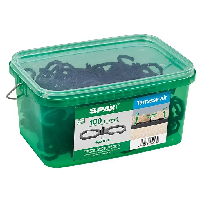 Spax Abstandhalter Air - 100 Stk., Stärke: 4,5 mm - Ein grüner Eimer mit Spax Terrassen Air Abstandshaltern, die für eine optimale Belüftung von Terrassendielen sorgen.