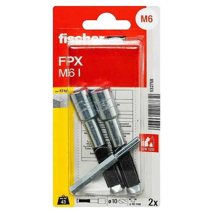 Fischer Porenbetonanker FPX - Ø x L: 10 x 75 mm, 2 Stk., Galvanisch verzinkt, Gewinde: M 6 - Produktverpackung: Fischer FPX M6 I Bolzenanker mit Montagewerkzeug, geeignet für Betonbefestigungen bis 43 kg.