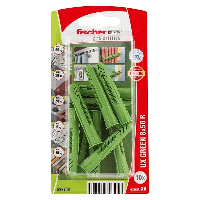 Fischer Greenline Universaldübel UX GREEN R - Ø x L: 8 x 50 mm, 10 Stk., Nylon - Foto einer Packung Fischer UX GREEN 8x50 R Dübel, ideal für Befestigungen in verschiedenen Materialien, mit einer Traglast von bis zu 60 kg.