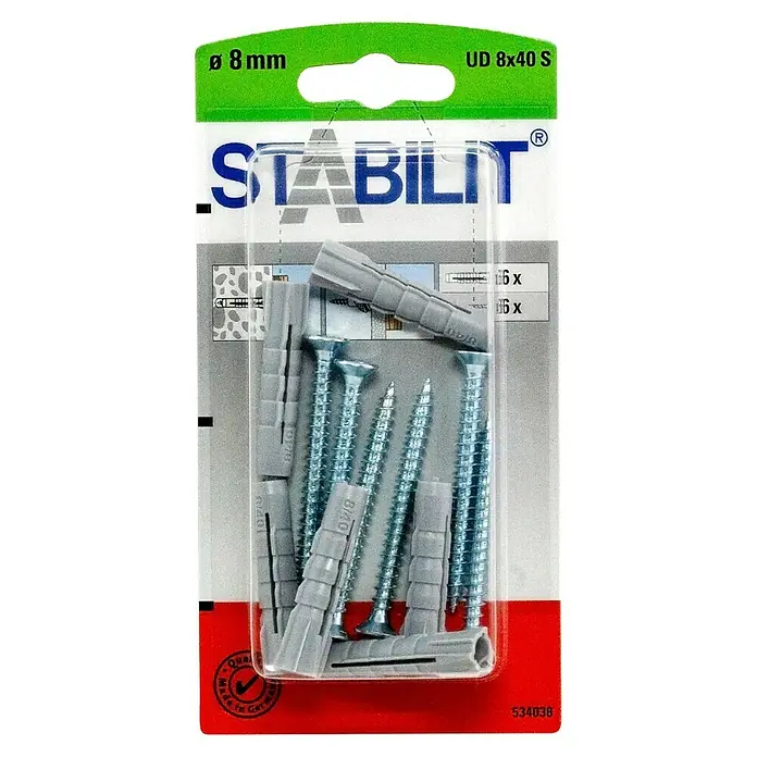 Stabilit Universal-Durchsteckdübel-Set - Durchmesser Dübel: 8 mm, Länge Dübel: 40 mm, 6 Stk., Mit Schrauben - Bild einer Verpackung mit Dübeln und Schrauben der Marke Stabilit, Größe Ø 8mm, UD 8x40 S, ideal für Heimwerkerarbeiten.