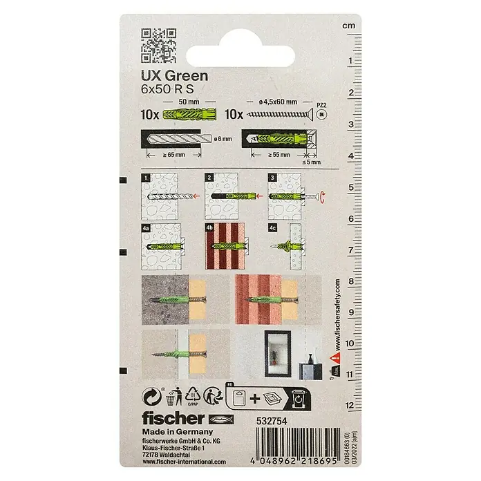 Fischer Greenline Universaldübel UX Green R S - Ø x L: 6 x 50 mm, 10 Stk., Nylon - Abbildung der UX Green 6x50 R S Universaldübelverpackung mit Größenangaben und Montageanleitung.