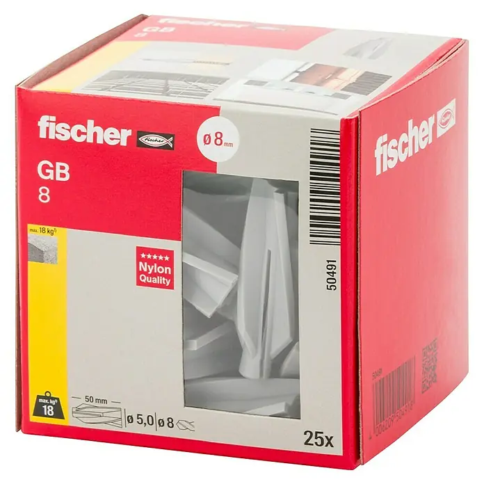 Fischer Spreizdübel GB8 - Ohne Rand, 25 Stk. - Eine Packung Fischer GB 8 Nylondübel, geeignet für 5,0 und 8 mm Schrauben, mit einer maximalen Belastung von 18 kg.