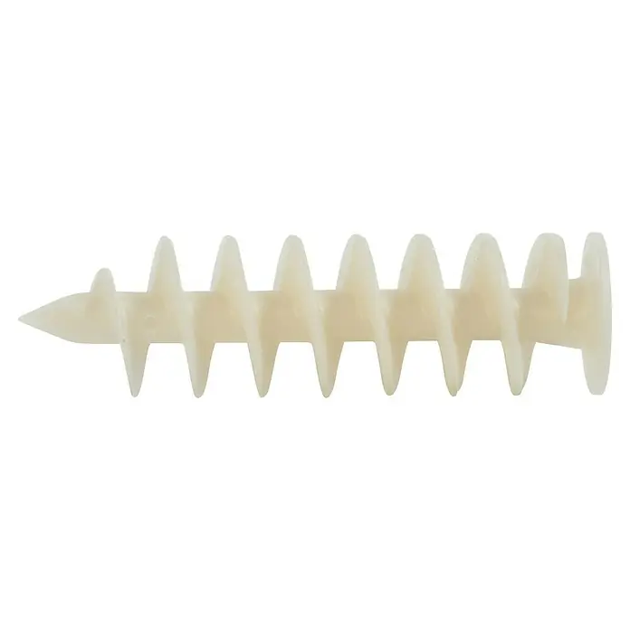Fischer Dämmstoffdübel FID 90 - Ø x L: 25 x 90 mm, Kunststoff, 1 Stk. - Nahaufnahme eines weißen Schraubankers aus Kunststoff, der sich spiralförmig verjüngt und dessen Gewinde deutlich sichtbar ist.