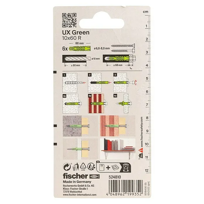 Fischer Greenline Universaldübel UX 10 x 60 R GREEN - Ø x L: 10 x 60 mm, Nylon, Mit Rand, 6 Stk. - UX Green 10x60 R Dübel-Packung mit Anweisungen zur korrekten Montage in verschiedenen Materialien für sicheren Halt.