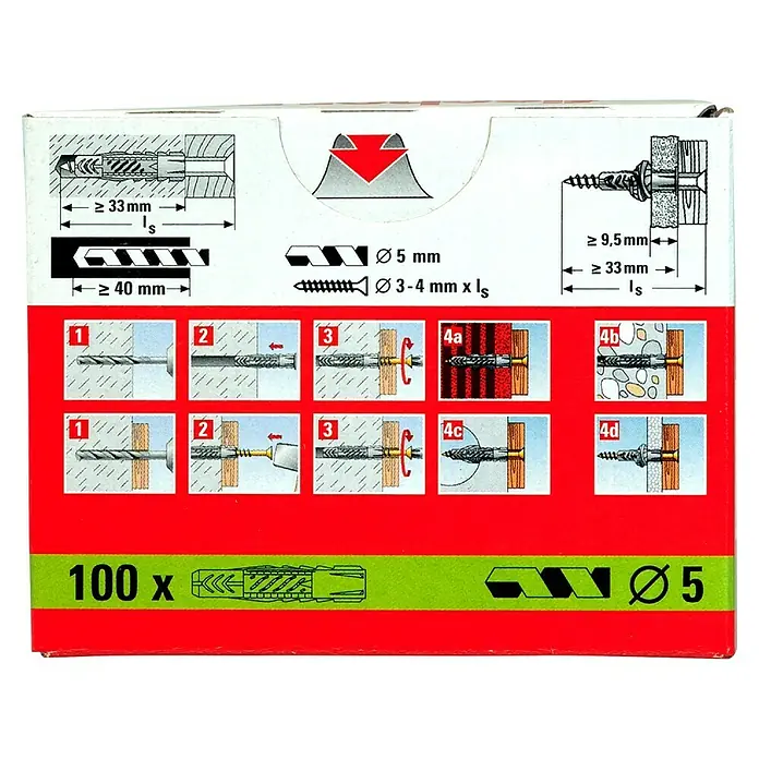 Fischer Universal-Durchsteckdübel UX - Durchmesser Dübel: 5 mm, Länge Dübel: 30 mm, Ohne Rand, 100 Stk. - Packung mit 100 Dübeln, geeignet für verschiedene Wandtypen, mit Montageanleitung und Größenangaben.