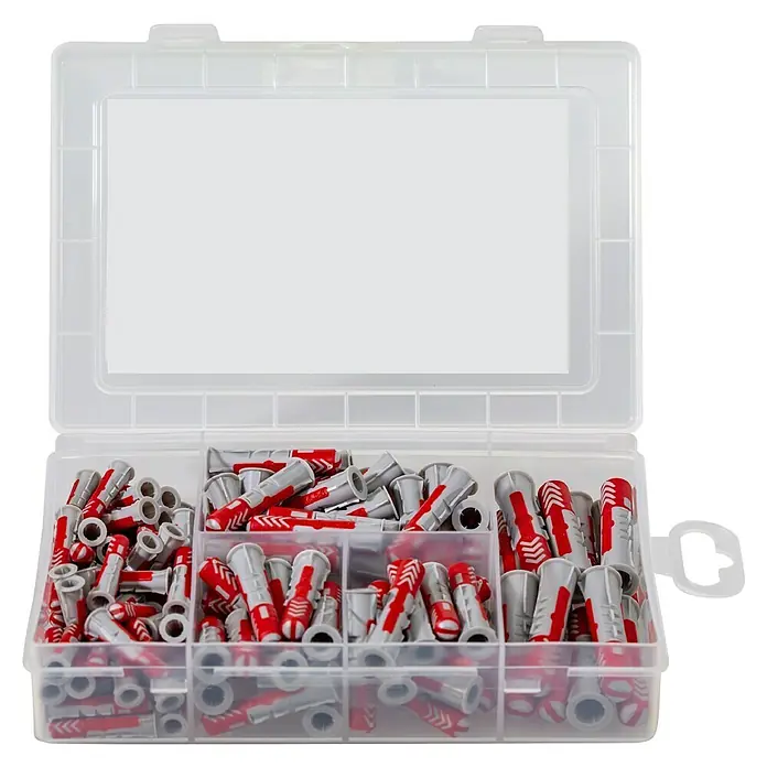 Fischer Duopower Dübel-Set Meisterbox - 132 -tlg. - Ein durchsichtiger Organizer gefüllt mit einer Vielzahl von roten und grauen Wanddübeln in verschiedenen Größen. Ideal für Heimwerkerprojekte.
