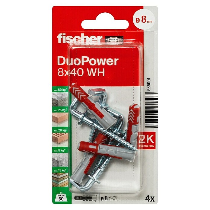 Fischer Duopower Univerzalni zidni vložek  (Ø x Do: 8 x 40 mm, Najlon, 4 kos) | 1060 - Dübel | AADD - Dübel | AAD - Kleineisenwaren | AA - Eisenwaren | A - Eisenwaren | BAUHAUS