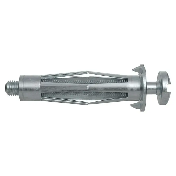 Fischer Meister-Box Schrauben- & Dübel-Set HM+S - 50 -tlg. - Ein silberfarbener Kippdübel mit Gewinde, der eine zuverlässige Befestigungslösung für verschiedene Materialien bietet.