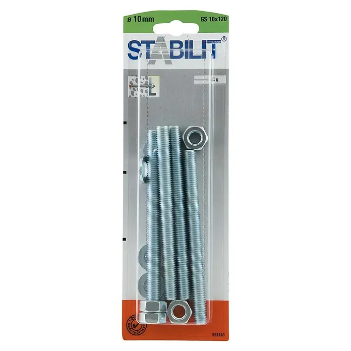 Stabilit Gewindestangen-Set GS 10x120 - Länge: 120 mm, Gewinde: M 10 - Produktbild von STABILIT Gewindestangen GS 10x120. Ein Set mit vier Gewindestangen inklusive Muttern und Unterlegscheiben, ideal für Bauprojekte.