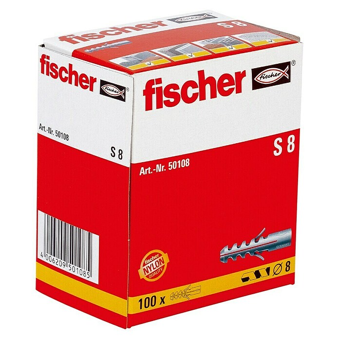Fischer Spreizdübel S (Durchmesser Dübel: 8 mm, Länge Dübel: 40, 100 Stk., Ohne Rand)