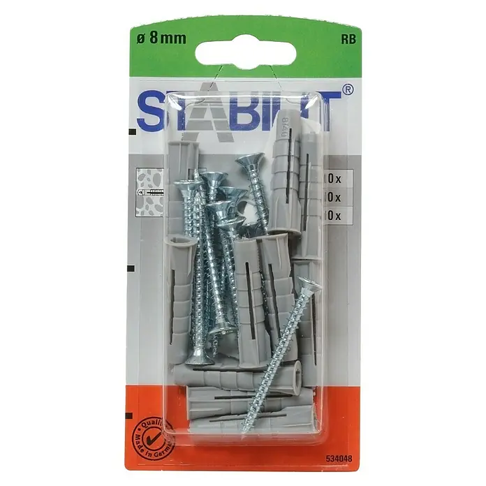 Stabilit Regalbefestigung - Durchmesser Dübel: 8 mm, Länge Dübel: 40 mm, 10 Stk. - Eine Packung STABILT Dübel mit Schrauben, Durchmesser 8mm, für sichere Befestigungen im Innen- und Außenbereich. Qualität Made in Germany.