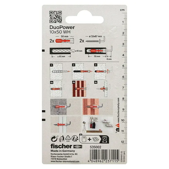 Fischer Duopower Universaldübel WH - Ø x L: 10 x 50 mm, Nylon, 2 Stk. - Bild einer DuoPower 10x50 WH Dübelpackung von Fischer, die Details zu Größe, Inhalt und Anwendung des Produkts zeigt.
