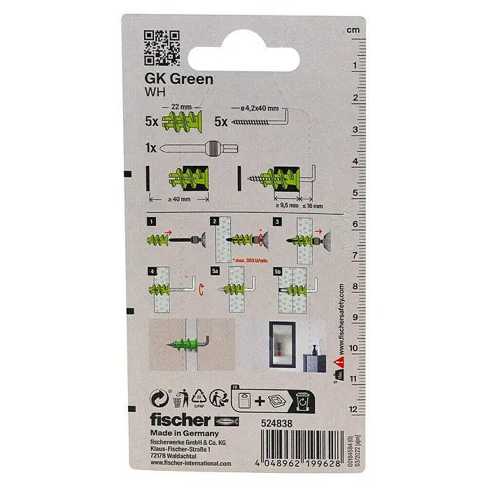 Fischer Greenline Gipskartondübel-Set WH GREEN - Länge Dübel: 22 mm, 5 Stk., Winkelhaken - Verpackung der Fischer GK Green WH Hohlraumdübel, inklusive Anweisungen und Inhaltsangabe.