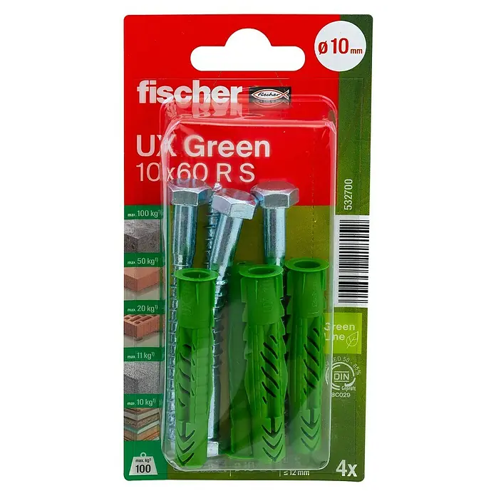 Fischer Greenline Universaldübel UX Green R S - Ø x L: 10 x 60 mm, 4 Stk., Nylon - Das Bild zeigt eine Packung Fischer UX Green Dübel 10x60 RS, bestehend aus vier Dübeln und Schrauben, geeignet für Lasten bis zu 100 kg.