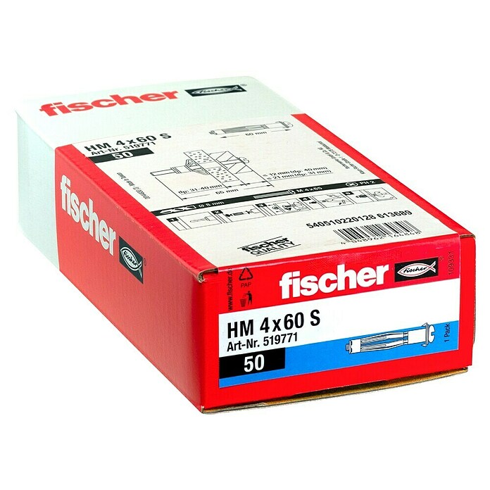 Fischer Metall-Hohlraumdübel HM 4 x 60 S (Ø x L: 4 x 60 mm, Bohrtiefe: Min. 65 mm, 50 Stk.)