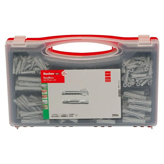 Fischer Meister-Box Dübelsortiment SX / UX - Nylon, Ohne Schrauben/Haken, 290 -tlg. - Eine transparente Kunststoffbox mit roten Akzenten, gefüllt mit Fischer Dübeln verschiedener Größen. Ideal für Heimwerkerprojekte.