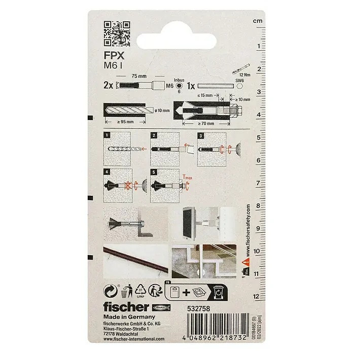 Fischer Porenbetonanker FPX - Ø x L: 10 x 75 mm, 2 Stk., Galvanisch verzinkt, Gewinde: M 6 - Produktverpackung FPX M6 I mit Montageanleitung und technischen Details für eine sichere und einfache Installation.