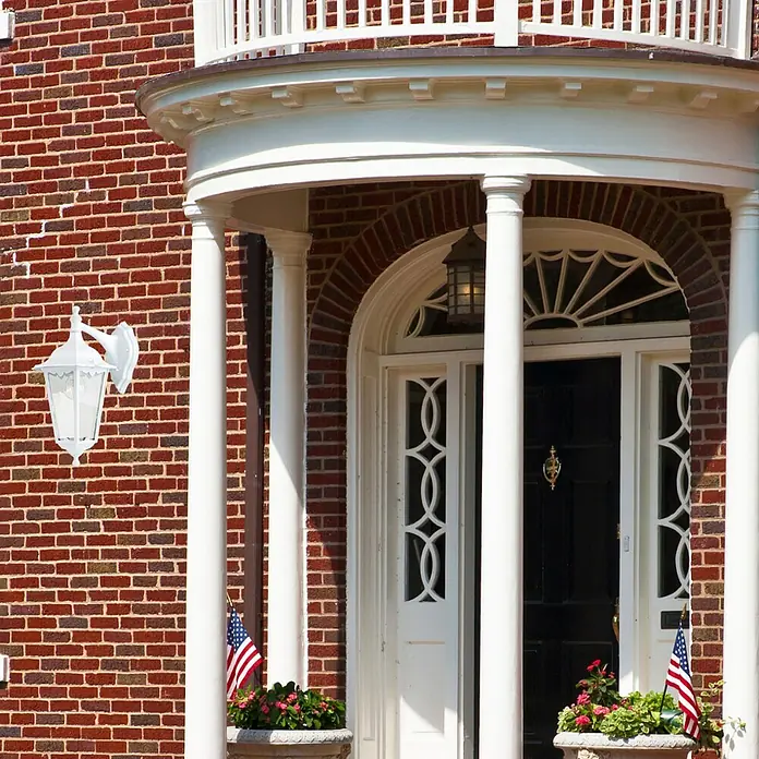 Starlux Turin Aplique exterior descendente - 60 W, Blanco, IP44 - Primer plano de una casa con fachada de ladrillo rojo, complementada por una entrada cubierta con columnas blancas, puerta e iluminación.