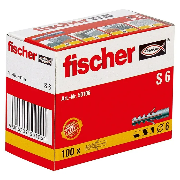 Fischer Spreizdübel S - Durchmesser Dübel: 6 mm, Länge Dübel: 30 mm, Ohne Rand, 100 Stk. - Packung mit Fischer S6 Dübeln, ideal für sichere Befestigungen in verschiedenen Materialien.