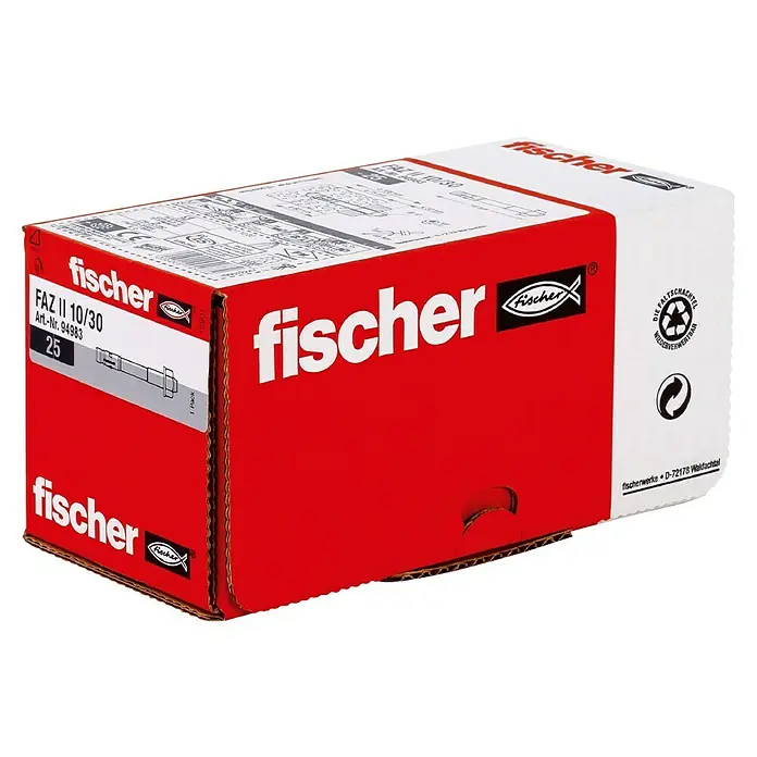 Fischer Schwerlastdübel FAZ II 10/30 - M10 x 73 mm, Nutzlänge: 30 mm standard, Galvanisch verzinkt, 1 Stk. - Produktaufnahme eines Kartons Fischer FAZ II 10/30 mit der Artikelnummer 94983, der 25 Stück enthält.