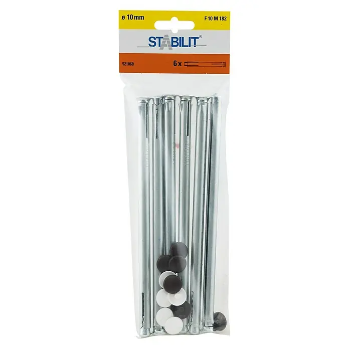 Stabilit Metallrahmendübel - Durchmesser Bohrloch: 10 mm, Länge Dübel: 182 mm, 6 Stk., Maximalbauteildicke: 152 mm - Packung mit sechs Stabilit Fassadendübeln Ø 10mm, ideal für Befestigungen im Aussenbereich, inklusive Abdeckkappen in Weiss und Braun.