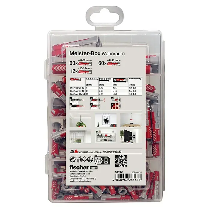 Fischer Duopower Dübel-Set Meisterbox - 132 -tlg. - Meister-Box Wohnraum mit DuoPower-Dübeln in verschiedenen Größen für sichere Befestigungen. Ideal für Heimwerkerprojekte im Wohnbereich.