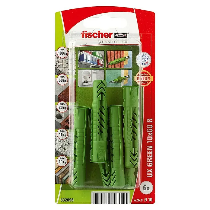Fischer Greenline Universaldübel UX GREEN R - Ø x L: 10 x 60 mm, 6 Stk., Nylon - Ein Paket mit grünen Fischer UX Green 10x60 R Universaldübeln. Ideal für Befestigungen in verschiedenen Baumaterialien.