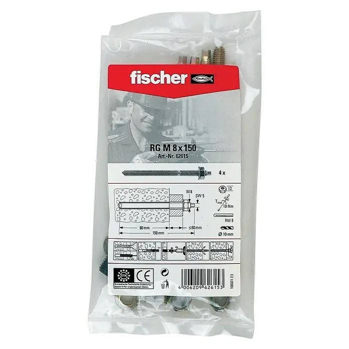 Fischer Gewindestangen RGM - M 8, Länge: 15 cm, 4 Stk. - Abbildung eines Fischer RG M 8x150 Ankersatzes in einer durchsichtigen Verpackung, ideal für sichere Befestigungen in Beton.