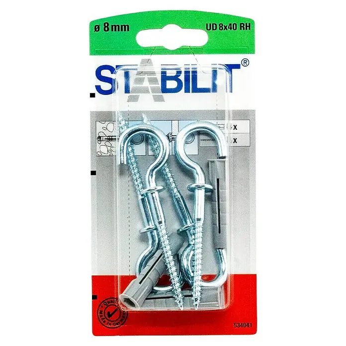 Stabilit Universaldübel-Set - Durchmesser Dübel: 8 mm, Länge Dübel: 40 mm, 4 Stk., Mit Haken - Verpackung mit zwei UD 8x40 RH Haken, ideal zum Aufhängen von Gegenständen im Innen- und Außenbereich. Hergestellt in Deutschland.