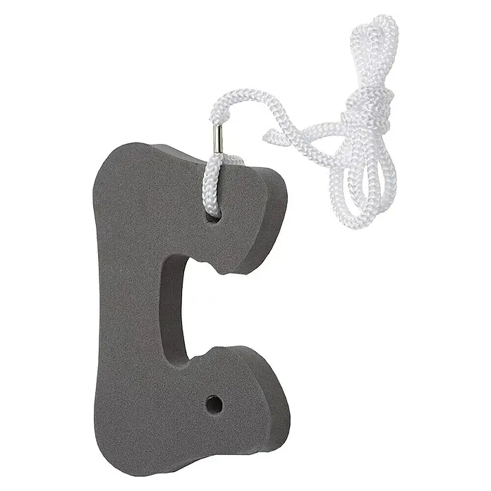 Abus Türstopper Millie - Schaumstoff, Grau - Nahaufnahme eines grauen Schwimmkorkens mit weißer Schnur, der zum Schwimmtraining und zur Wassersicherheit verwendet wird.