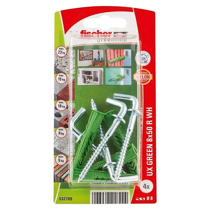 Fischer Greenline Universaldübel UX GREEN R WH - Ø x L: 8 x 50 mm, 4 Stk., Nylon - Bild einer Fischer UX Green 8x50 R WH Dübelpackung mit Schraubhaken und grünen Dübeln. Maximale Traglasten für verschiedene Materialien sind angegeben.