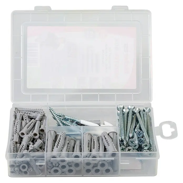 Fischer Meister-Box Universaldübel-Set UX/R - Mit Schrauben/Haken, Nylon, 118 -tlg. - Eine transparente Aufbewahrungsbox mit verschiedenen Schrauben und Dübeln, die für Heimwerkerprojekte und Reparaturen nützlich sind.