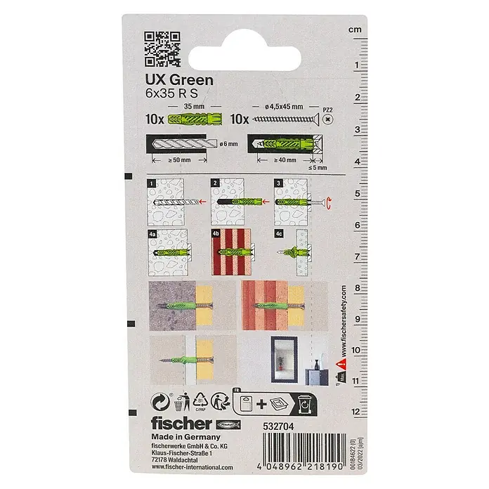Fischer Greenline Universaldübel UX Green R S - Ø x L: 6 x 35 mm, 10 Stk., Nylon - Packung mit grünen UX 6x35 R S Dübeln von Fischer, mit Größenangaben und Montageanleitung.