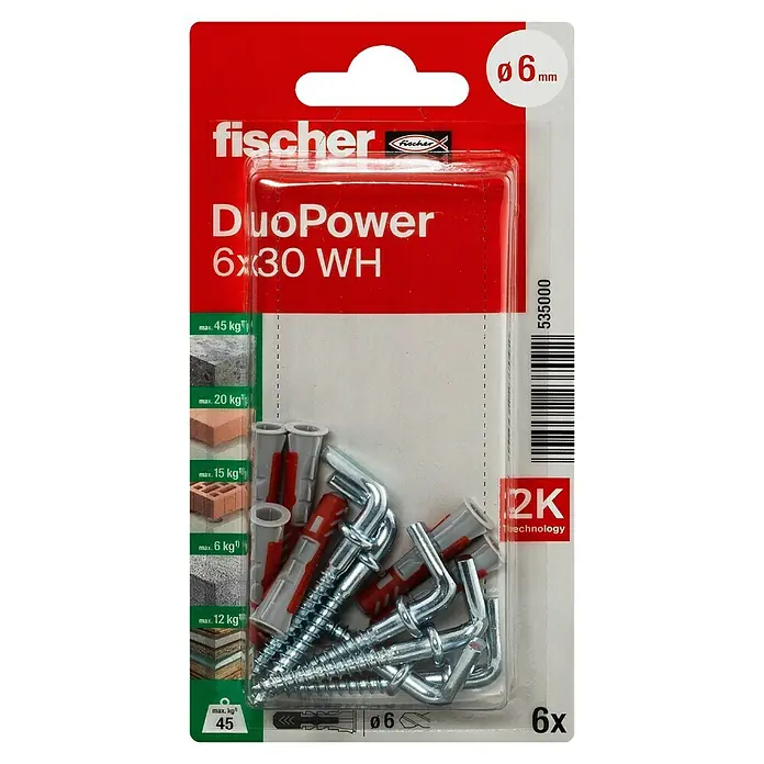 Fischer Duopower Universaldübel WH - Ø x L: 6 x 30 mm, Nylon, 6 Stk. - Fischer DuoPower Dübel 6x30 WH, eine vielseitige Befestigungslösung für diverse Materialien mit einer maximalen Last von 45 kg.