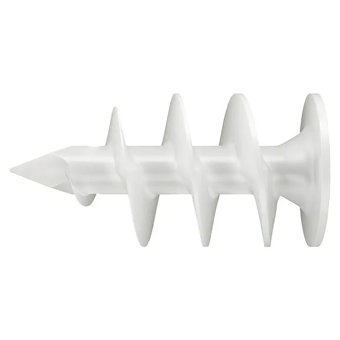 Fischer Dämmstoffdübel FID 50 - Ø x L: 25 x 50 mm, Kunststoff, 1 Stk. - Nahaufnahme eines weißen Nylondübels mit spiralförmigem Design, ideal für Befestigungen in Gipskartonwänden.